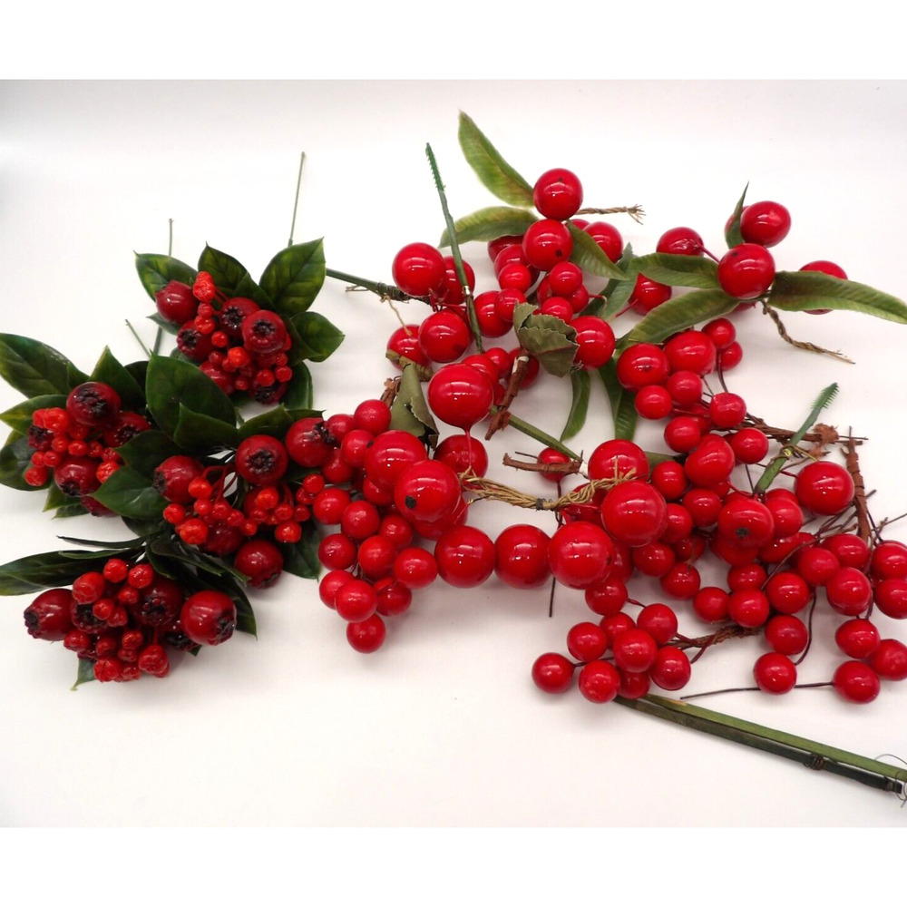Mixed Lot Red Faux Berries on Floral Picks Holiday Winter Craft Decor